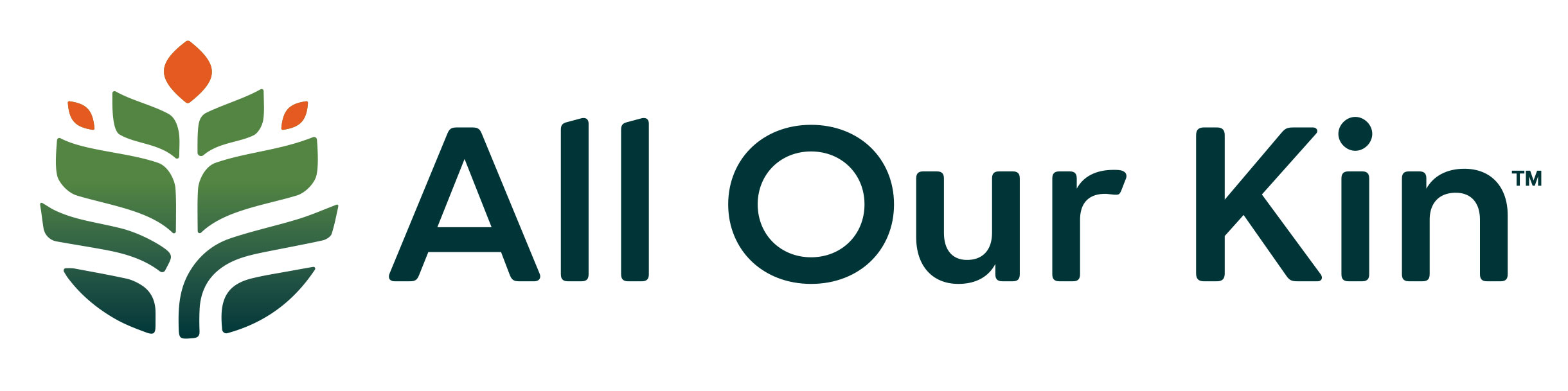 Logo for "All Our Kin" featuring a stylized green plant with three leaves and an orange tip, positioned to the left of the organization’s name in dark green text.