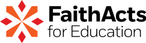 FaithActs for Education logo featuring an orange geometric symbol to the left of the organization's name in black text.