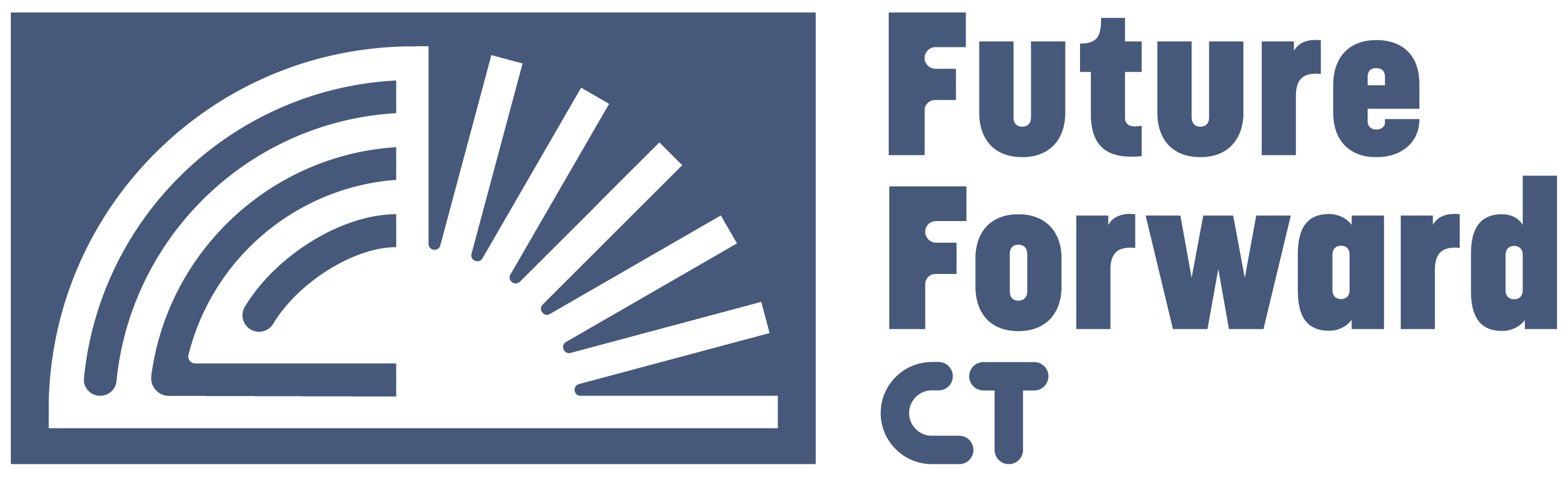 Logo for Future Forward CT featuring a stylized semicircle with radiating lines on the left and the bold text "Future Forward CT" on the right, capturing the spirit of progress and innovation.