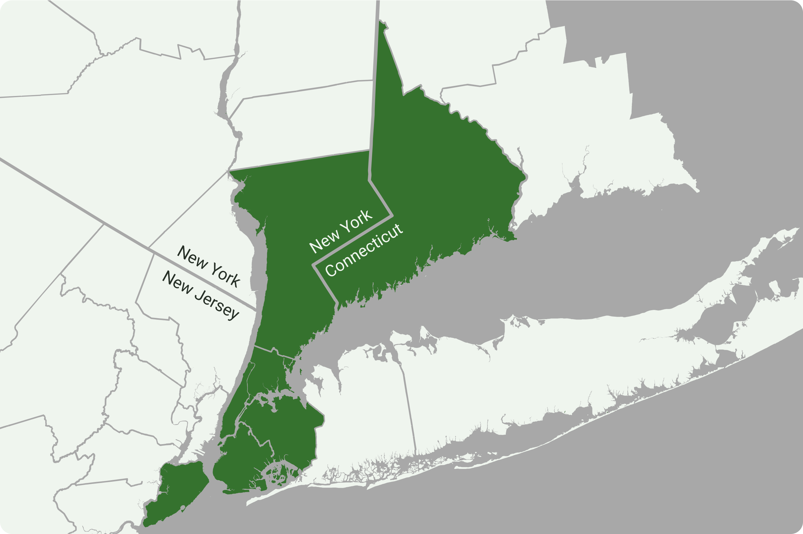 A map highlighting parts of New York, Connecticut, and New Jersey in dark green, with state borders and names labeled, shows Who We Serve.