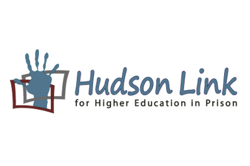 Hudson Link for Higher Education in Prison logo with a blue handprint over two outlined books and the organization's name in stylized text.