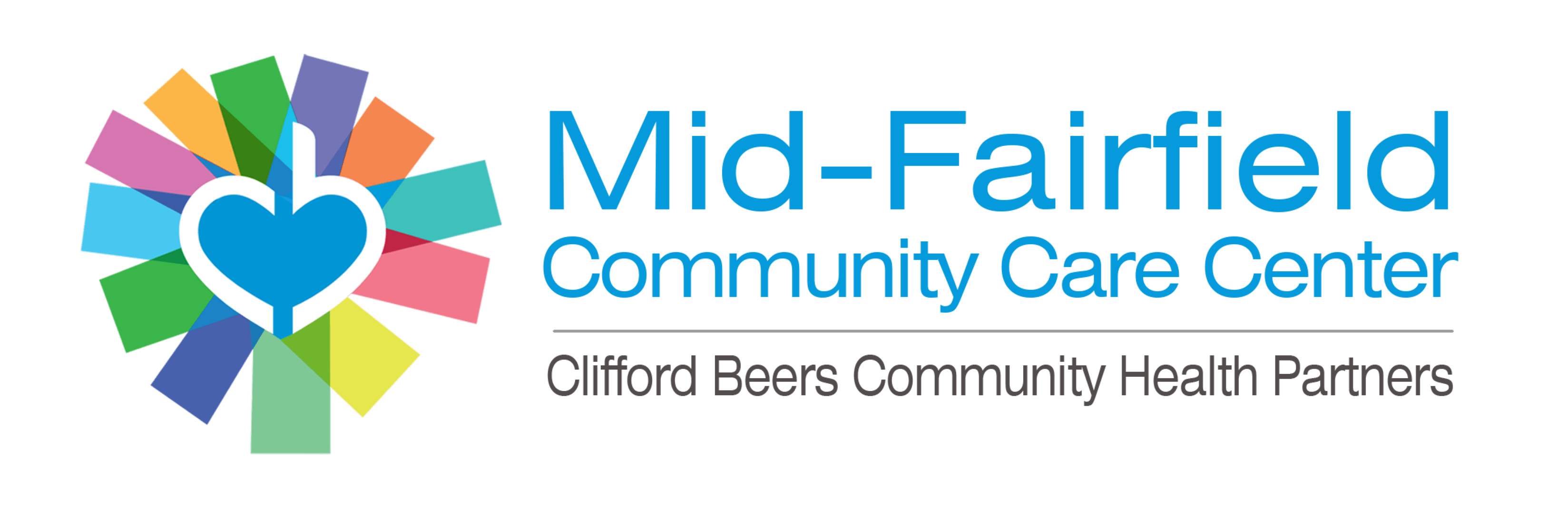 Logo for Mid-Fairfield Community Care Center, featuring a heart in a circle with colorful rays. Text includes "Clifford Beers Community Health Partners" to highlight our commitment to Community Care.
