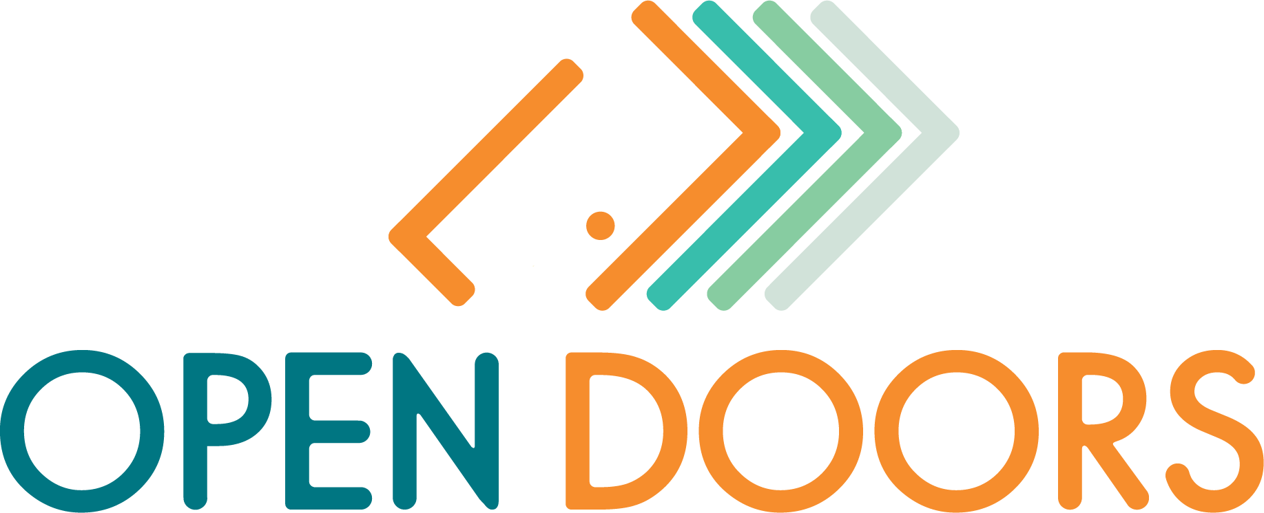Logo with the words "OPEN DOORS" in blue and orange, and four right-facing arrow shapes in orange and teal above the text.