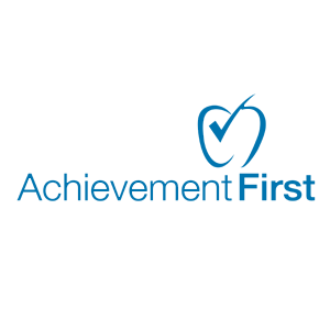 Achievement First logo features blue text and a check mark within an abstract outline, possibly representing an apple, reflecting the Achievement First brand.