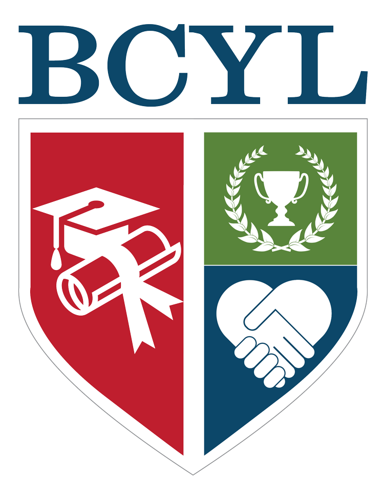 A shield with “BCYL” above it, representing Bridgeport Youth Leaders, features icons of a diploma, trophy, and handshake—each in its own colored section: red, green, and blue. The vibrant design celebrates the spirit of Caribe youth leadership and achievement.