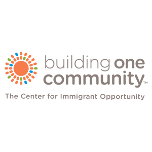 The Building One Community logo features a circular orange and blue icon alongside the text “building one community – The Center for Immigrant Opportunity.”.