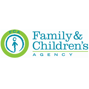 Family & Children's Agency logo featuring a blue stick figure inside a green circle on the left, representing family support, with the agency name in blue text on the right.