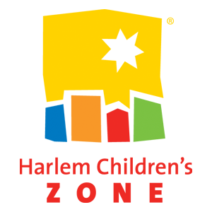 Logo for Harlem Children’s Zone featuring four colored building shapes and a black starburst in a yellow background above the organization’s name in red text, symbolizing education and impactful community programs.