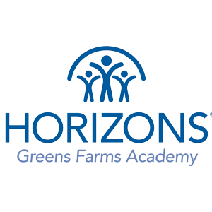 Logo for Horizons at Greens Farms Academy, a summer program, featuring three stylized human figures under a curved line above the organization's name in blue text.