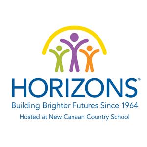 Logo for Horizons at New Canaan Country School features three colorful human figures under a yellow arc, with text: "Building Brighter Futures Since 1964, Hosted at New Canaan Country School.