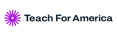 Teach For America logo featuring the organization’s name in black text alongside a purple starburst symbol, all set against a clean white background.