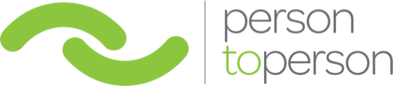 Green abstract icon next to the words "person to person" in gray and green lowercase letters, highlighting the Person to Person concept on a white background.