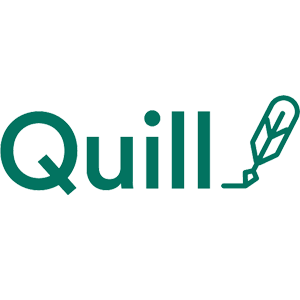 The word "Quill" in green text with an outline of a quill pen replacing the dot above the letter "i.